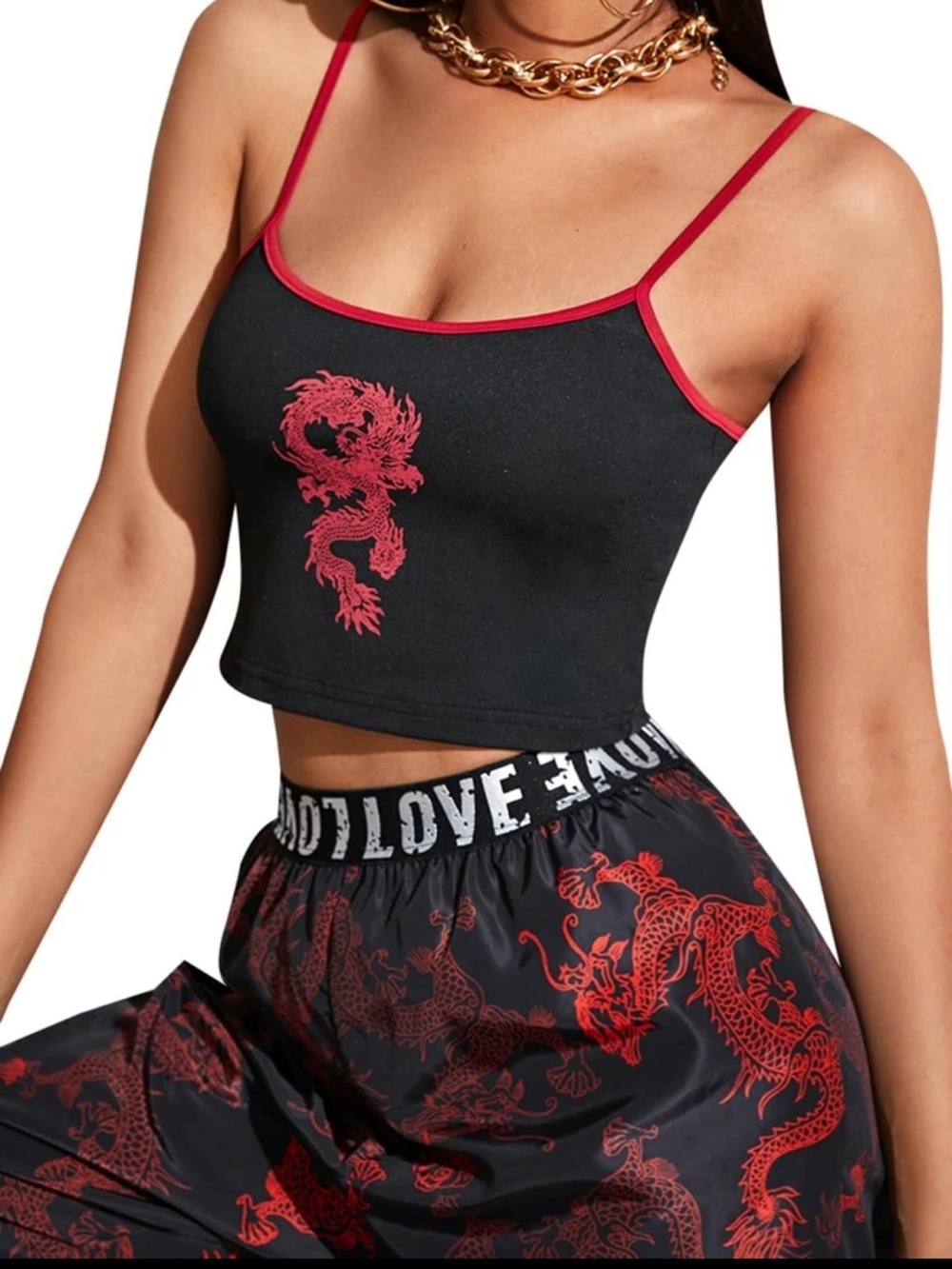 SHEIN Black & Red Dragon Print Crop Top, Size XS